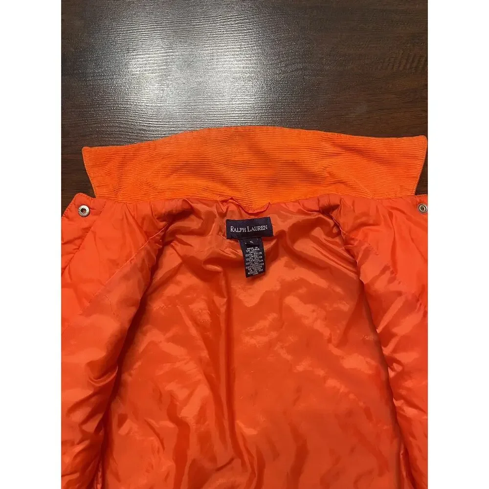 Kids Ralph Lauren Jacket Quiled Size S Winter Coat Corduroy Collar Orange Puffer